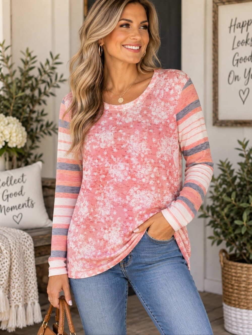 Whimsy Rose XL Coral Pink Floral Striped Sleeve Boho Top Made in USA
